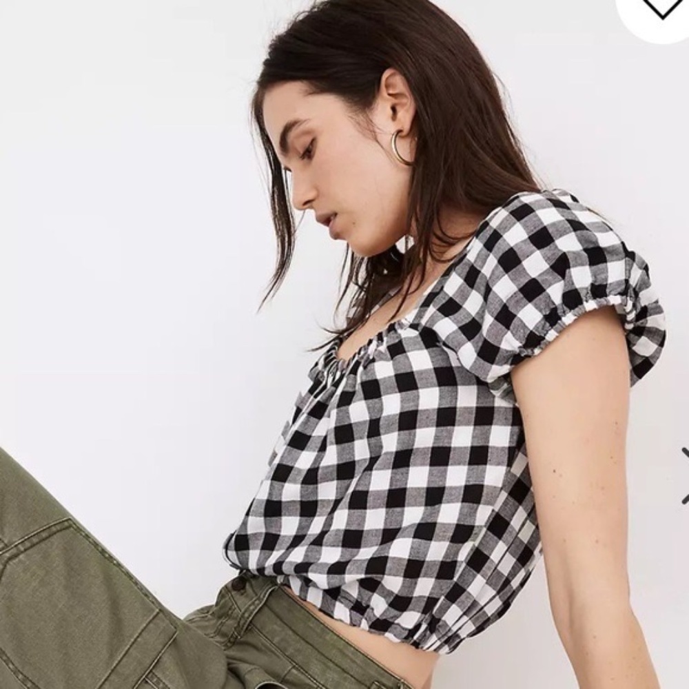Madewell Linen-Blend Puff-Sleeve Button-Front Crop Top